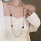 Wrap Style Alloy Black Enamel Flower & Plastic Imitation Pearl Round Beads Link Chain Long Necklaces for Women, White, Golden, 64.88 inch(164.8cm)