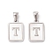 304 Stainless Steel Pave Shell Pendants, Rectangle Charm, Stainless Steel Color, Letter T, 17.5x12x1.5mm, Hole: 3x5mm