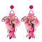 Alloy Acrylic Dangle Stud Earrings, Flower, with Glass & Cloth, Golden, Hot Pink, 120x70mm