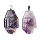 Natural Amethyst Carved Pendants, Hand Charms with Platinum Tone Metal Snap on Bails, 44x23x5mm, Hole: 7x4mm