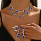 Rectangle Brass Rhinestone Double Layer Chain Necklace & Stud Dangle Earring Sets, Platinum, Capri Blue, 300mm