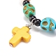Natural Mashan Jade Skull Beaded Stretch Bracelet with Synthetic Turquoise(Dyed) Cross Charm BJEW-JB08372-6