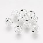Perle di ottone testurizzate, tondo, colore argento placcato, misura:circa8mm di diametro, Foro: 1.5 mm
