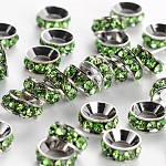 Brass Rhinestone Spacer Beads, Grade A, Rondelle, Platinum Metal Color, Peridot, 7x3.3mm, Hole: 3.5mm