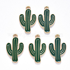 Colgantes de esmalte de aleación, cactus, la luz de oro, verde oscuro, 25.5x15x1.5mm, agujero: 1.8 mm