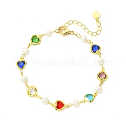 Bracelets en laiton et verre colorés à maillons en forme de cœur avec perles naturelles pour femmes&nbsp;BJEW-JB14163
