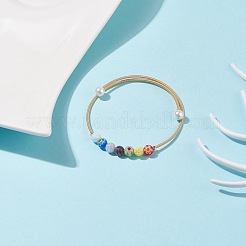 ハンドメイド ミッレフィオーリ ガラス ラウンド ビーズ カフ バングル パール付き  女性のための金メッキ銅トルクバングル  カラフル  内径：2-1/4インチ（5.8cm）&nbsp;BJEW-JB08327