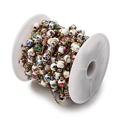 Круглые цепочки из фарфора с бусинами ручной работы из нержавеющей стали 304 с цветочным узором CHS-L032-15G-02