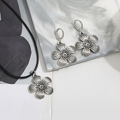 Комплект из ожерелья с подвеской и серег-колец из цветочного сплава с искусственным кожаным шнуром FS-WGDD3CA-01