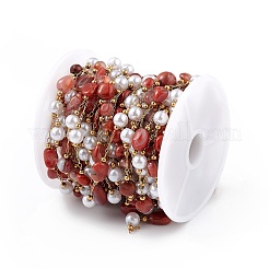 Pepita di agata rossa naturale e catena di perle di vetro imitazione perla&nbsp;CHS-C006-02A