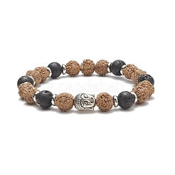 Pietra preziosa e testa buddista in lega e braccialetto elasticizzato con perline di legno per le donne&nbsp;BJEW-JB09151