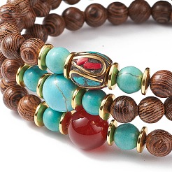 3 pièces 3 style naturel et synthétique mixte pierres précieuses et bois bracelets extensibles sertis de perles d'indonésie pour les femmes&nbsp;BJEW-JB08421