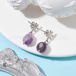 天然アメジストのツイストオーバルダングルスタッドピアス  304ステンレススチールフラワーイヤリング  25~26x7mm&nbsp;EJEW-JE05664-04