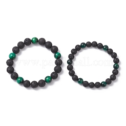 2 комплект браслетов из круглых бусин 2 цветов: натурального вулканического камня и окрашенного зеленого тигрового глаза BJEW-JB12250