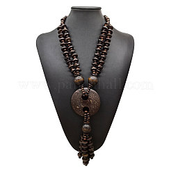 Boho-Stil: Handgefertigte ethnische Donut-Anhänger-Halskette mit langen Quasten und Perlen im Kokosnuss- und Holz-Look – perfekt für den Strandurlaub&nbsp;WGD9A0D-01
