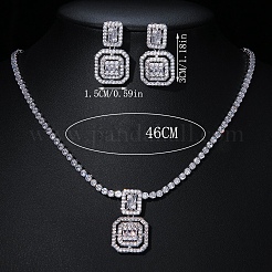 Комплекты из квадратных латунных подвесок с микропаве из прозрачных кубических цирконий и серег-гвоздиков FS-WG98D1F-01