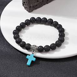 Bracciale elasticizzato con perline rotonde in pietra lavica naturale&nbsp;BJEW-JB09744-01