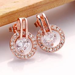 リアルローズゴールドメッキ平皿スズ合金キュービックジルコニアスタッドピアス  透明  17x12mm&nbsp;EJEW-BB08554-RG