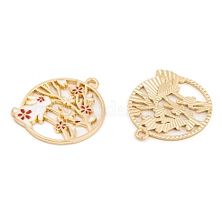 メッキ合金エナメルチャームラック  ゴールドカラー  ウサギと花のチャームが付いたフラットラウンド  ミックスカラー  28x25x1.5mm  穴：1.8mm&nbsp;FIND-A040-05A-G