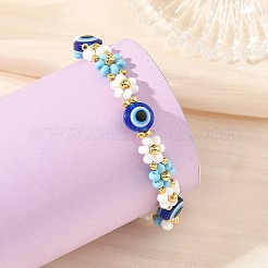 青いナザールボンジュウ模様の樹脂製フラワー、ガラスシードビーズのブレスレット（女性用）  ゴールドカラー  7.48インチ（19cm）&nbsp;BJEW-MZ00353