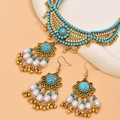 Ожерелья и серьги-подвески из цветочного сплава и синтетической бирюзы FS-WG5F2DC-01