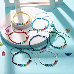 フラットラウンドナザールボンジュウランプワーク編組ビーズブレスレットセット  女性のためのレインボーカラーガラスビーズ調節可能なブレスレット  ミックスカラー  内径：2-3/8~4-1/8インチ（5.9~10.4cm）  7個/セット&nbsp;BJEW-JB07234