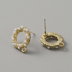 合金スタンドピアス  イミテーションパールビーズ＆水平ループ付き  丸いリング  ゴールドカラー  14x12mm  穴：1.5mm  ピン：0.8mm&nbsp;FIND-TAC0005-43G