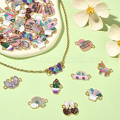 45 個 9 スタイル合金エナメル コネクタ チャーム  スパンコール入り  ライトゴールド  虹と蝶とサボテンとユニコーンと車  混合図形  ミックスカラー  10~20x12.5~21x1~2mm  穴：1.8mm  5個/スタイル&nbsp;ENAM-CJ0004-79