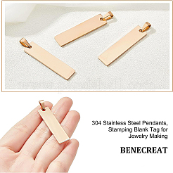 304ステンレススチールペンダント10個  空白タグのスタンプ  長方形  ローズゴールド  41x10x1mm  穴：4x7mm&nbsp;STAS-BC0003-27A