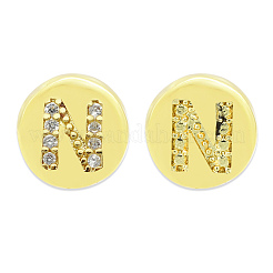 真鍮マイクロペーブクリアキュービックジルコニアビーズ  アルファベット付きフラットラウンド  文字.n  7.5x6.5mm  穴：3.5mm  3個/袋&nbsp;KK-T030-LA843-NX3