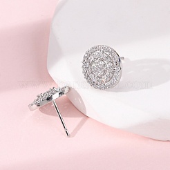 Латунные плоские круглые серьги-гвоздики с микропаве из прозрачных кубических цирконий EJEW-H165-05P