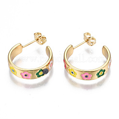 真鍮エナメルスタッドピアス  ハーフフープピアス  耳ナッツ  ニッケルフリー  花と環  16KGP本金メッキ  カラフル  20x6mm  ピン：0.8mm&nbsp;X-EJEW-T014-07G-NF