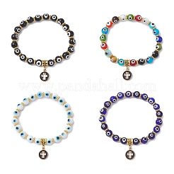 4 шт. 4-цветные плоские круглые браслеты с крестообразным сплавом и эмалированными подвесками&nbsp;BJEW-JB12269