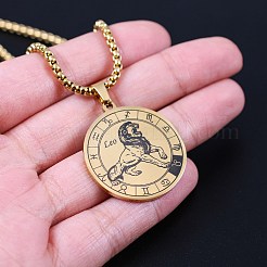 星座付きフラットラウンド201ステンレススチールペンダントネックレス  ゴールドカラー  レオ  23.62インチ（60cm）&nbsp;WG10AD9-05