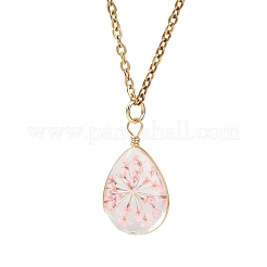 Комплект из ожерелья и сережек-гвоздиков с подвеской в виде капли из стекла и сухоцвета SJEW-JS01340