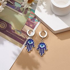 Стеклянные семена плетеные хамса рука с дурным глазом висячие серьги-кольца EJEW-MZ00008