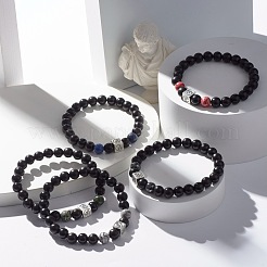 Bracelet extensible perles rondes en bois naturel et pierres naturelles et synthétiques mélangées&nbsp;BJEW-JB07164