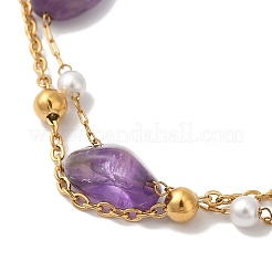 Многониточные браслеты самородки с натуральным аметистом и искусственным жемчугом BJEW-P326-02A-G