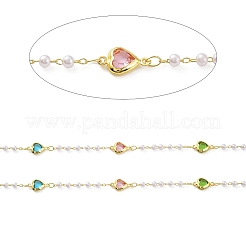 Catene a maglie a forma di cuore in vetro colorato con perle di plastica ABS&nbsp;CHC-C001-05G