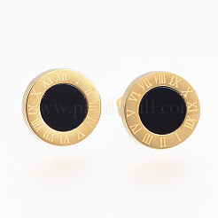 304ステンレススチールスタッドピアス  シェルと  フラットラウンドい彫刻されたローマ数字  ミックスカラー  10x2.5mm  ピン：0.8mm&nbsp;EJEW-H349-07-M