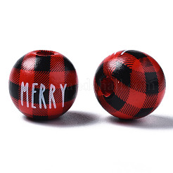 塗られた天然木のヨーロッパのビーズ  大穴ビーズ  印刷  クリスマス  陽気で丸い  レッド  16x15mm  穴：4mm&nbsp;WOOD-S057-037