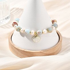 合金エナメルチャームブレスレット  合成インペリアルジャスパーと天然養殖淡水パールを使用した女性用ビーズブレスレット  シェル形状  14KGP本金メッキ  7.76インチ（19.7cm）&nbsp;BJEW-JB13952