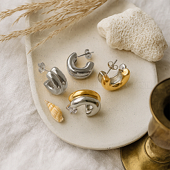 3 пара двухцветных сережек-гвоздиков из нержавеющей стали в форме буквы С для женщин&nbsp;EJEW-GO0007-008