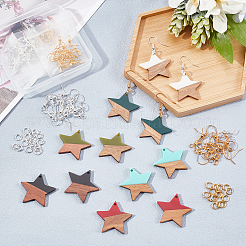 クルミ材の木製ダングルイヤリングのDIYキット  12本6色スターレジン＆ウォールナットウッドペンダント  真鍮のピアスフックと丸カン  ミックスカラー  26x4x28mm  穴：1.6mm  2個/カラー&nbsp;DIY-OC0006-85