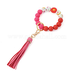 Porte-clés avec perles rondes en silicone et pompon en similicuir&nbsp;HJEW-TAC0135