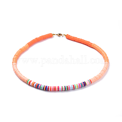 Handmade Polymer Clay Heishi Beaded Necklaces, with Brass Spacer Beads and 304 Stainless Steel Findings, Orange Red, 15.9~16.1 inch(40.5~41cm)