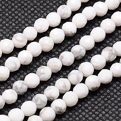 Perles synthétiques howlite brins, facette, ronde, blanc, 4mm, Trou: 1mm, Environ 90 pcs/chapelet, 15.35 pouce
