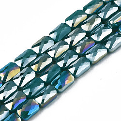 Electroplate Opaque Solid Color Glass Beads Strands, AB Color Plated, Faceted, Rectangle, Teal, 7x4x3mm, Hole: 1mm, about 79~80pcs/strand, 20.47 inch(52cm)