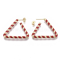 Brass Stud Earrings, with Enamel and Earring Backs, Triangle, Real 18K Gold Plated, FireBrick, 35x31x3mm, Pin: 0.7mm