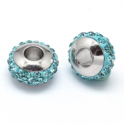 Unterlegscheibe 304 aus rostfreiem Stahl Polymer Ton Strass europäischen Perlen, mit Doppelseitenplatinfarbe Kern, Edelstahl Farbe, Licht Saphir, 10x6 mm, Bohrung: 4 mm